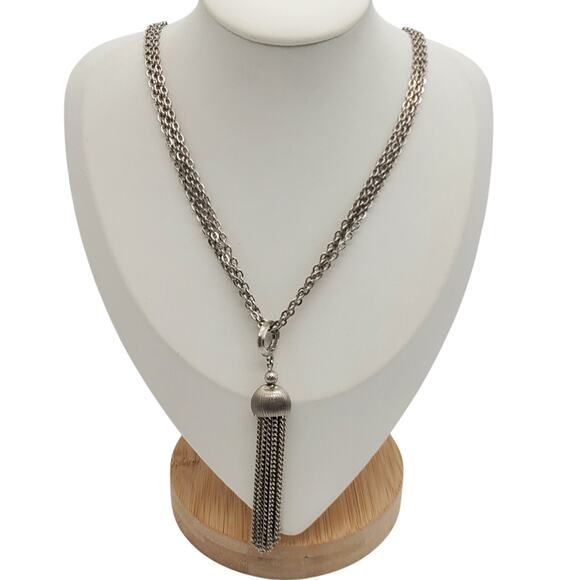 Silver Tone Tassel Pendant Necklace Triple Link Chain Vintage 1960s 23" Long - Picture 9 of 9